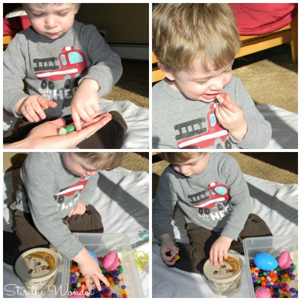 Jelly Bean Sensory Bin is a fun way to explore colors and flavors while working on fine motor skills!