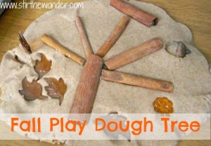 Set up a simple invitation to create a Fall Play Dough Tree. This is a wonderful fine motor activity for toddlers and preschoolers using play dough and fall themed loose parts!