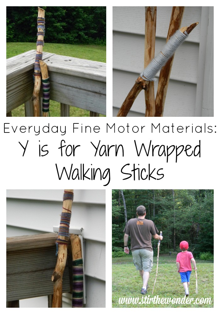 Yarn Wrapped Walking Sticks | Stir the Wonder #finemotor #kbn #preschool