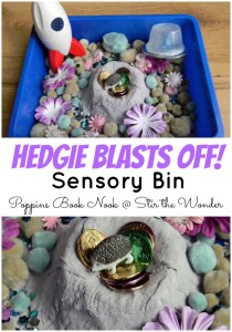 Hedgie Blasts Off! Sensory Bin | Stir the Wonder #poppinsbooknook #kbn @#kidlit #sensorybin