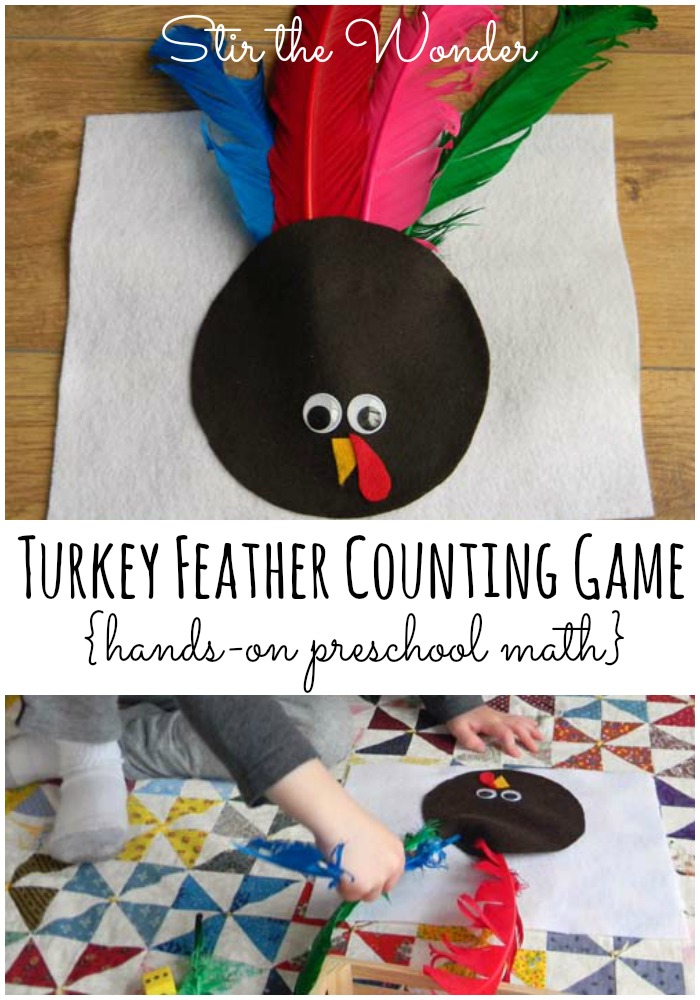 Turkey Feather Counting Game | Stir the Wonder #preschool #math #thanksgiving #handsonlearning
