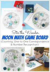 Moon Math Game Board, to practice counting, one-to-one correspondence and number recogniton with toddlers and preschoolers | Stir the Wonder
