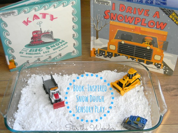 Snow Dough Sensory Bin inspired by the books Katy and the Big Snow & I Drive a Snowplow | 12 Months of Sensory Doughs at Stir the Wonder