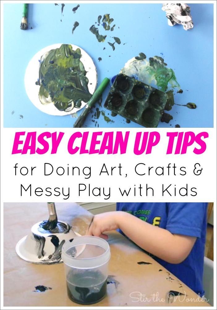 Does doing art, crafts and messy play with your kids make you cringe? Here are some Easy Clean Up Tips! | Stir the Wonder