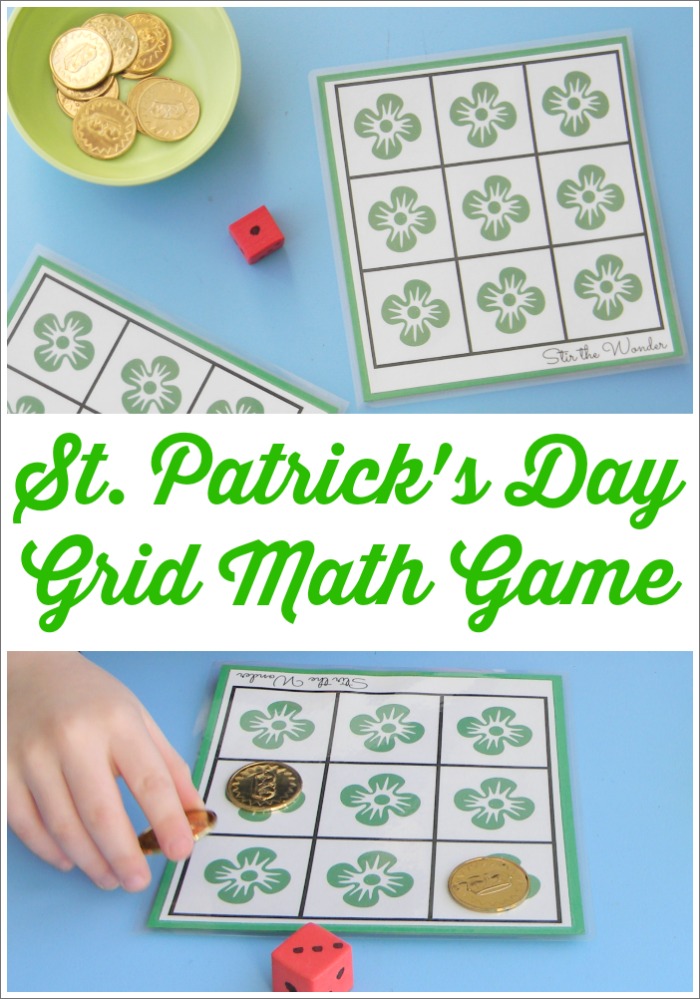 St. Patrick's Day Grid Math Game is a fun way for toddlers and preschoolers to practice counting and one-to-one correspondence!