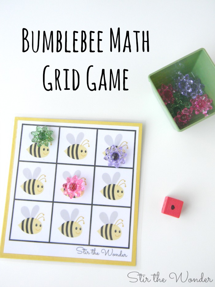 Bumblebee Math Grid Game, a fun Spring-themed game for preschoolers to practice counting and one-to-one correspondence! 