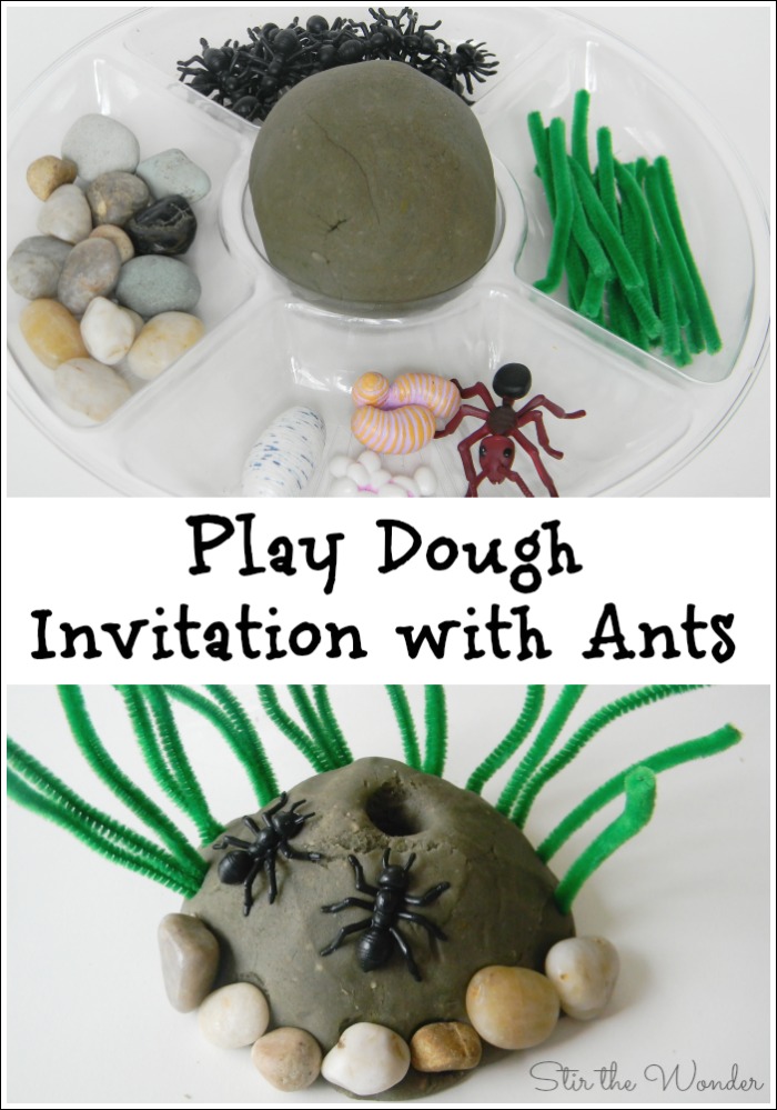 Play Dough Invitation with Ants. Kids will love playing with this play dough set up all the while working on fine motor skills, crucial for learning to write! 
