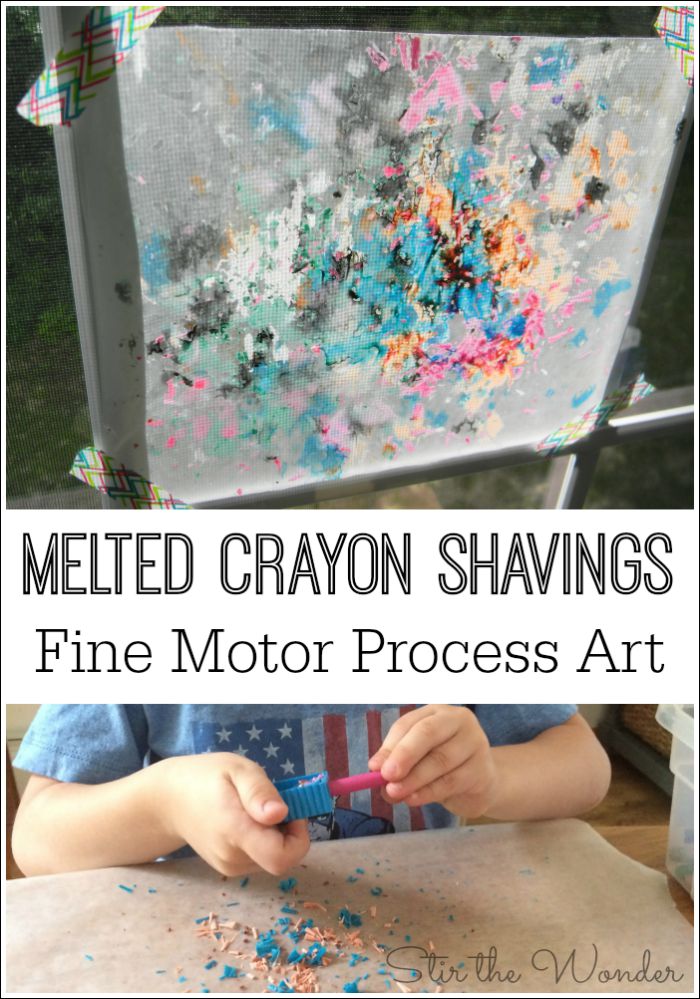 Melted Crayon Shavings Process Art is a fun & creative way for kids to work on fine motor skills!