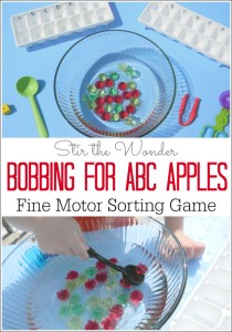 Bobbing for ABC Apples is a fun hands-on literacy game for preschoolers that includes the sensory element of water as well as practicing fine motor skills!