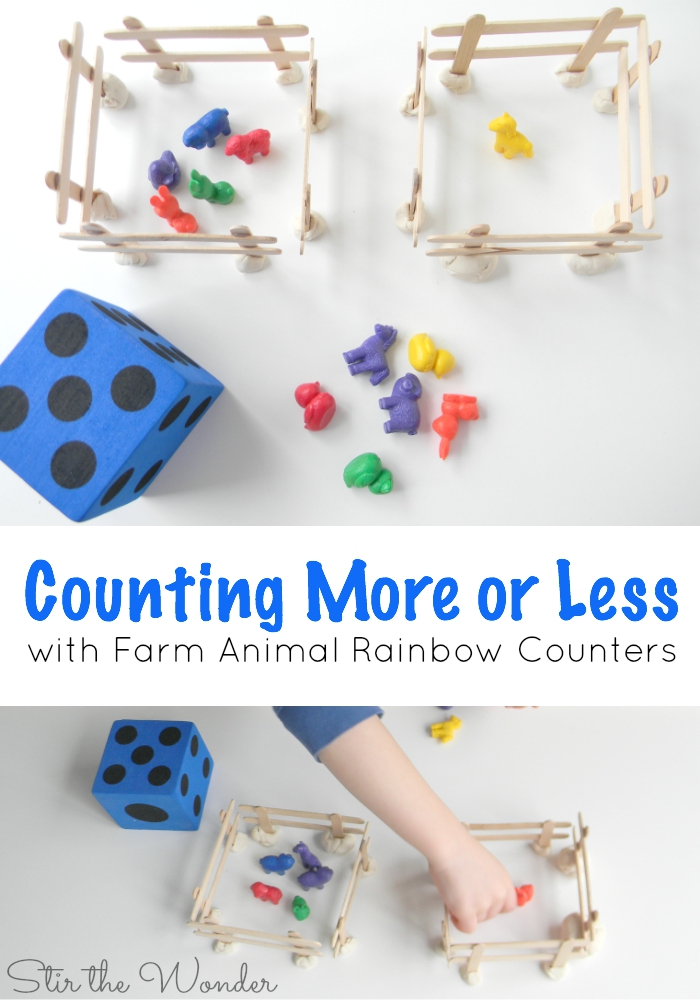 Counting More or Less with Farm Animal Rainbow Counters | Stir The Wonder