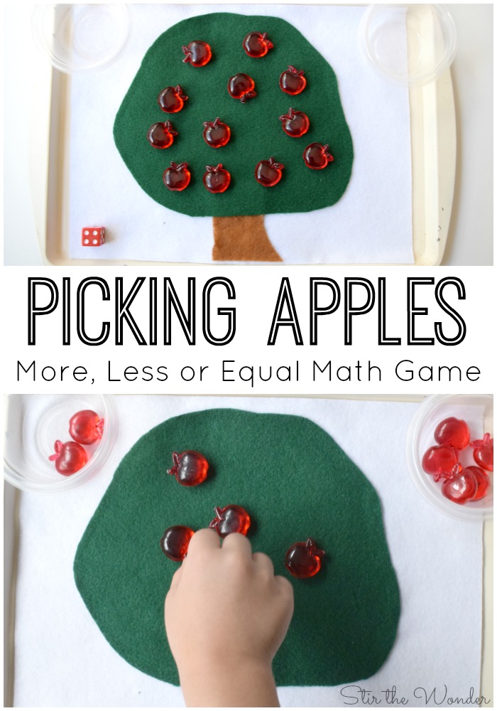 Picking Apples More, Less or Equal Math Game is a fun, fall themed math game for preschoolers!