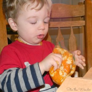 Toddler exploring pumkin guts sensory bag