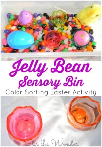 Jelly Bean Sensory Bin a fun way for toddlers and preschoolers to practice coloring recognition and sorting!