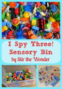 I Spy Three! Sensory Bin | Stir the Wonder #kbn #handsonplay #sensory