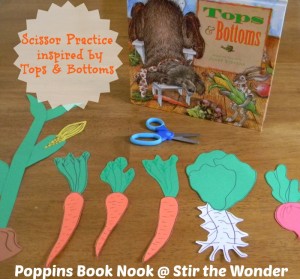 Scissor Practice inspired by Tops & Bottoms | Stir the Wonder #poppinsbooknook #finemotor #preschool