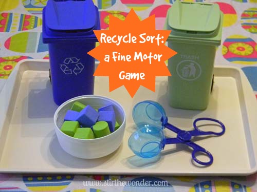 Recycle Sort: a Fine Motor Game | Stir the Wonder #finemotorfridays #kbn #preschool
