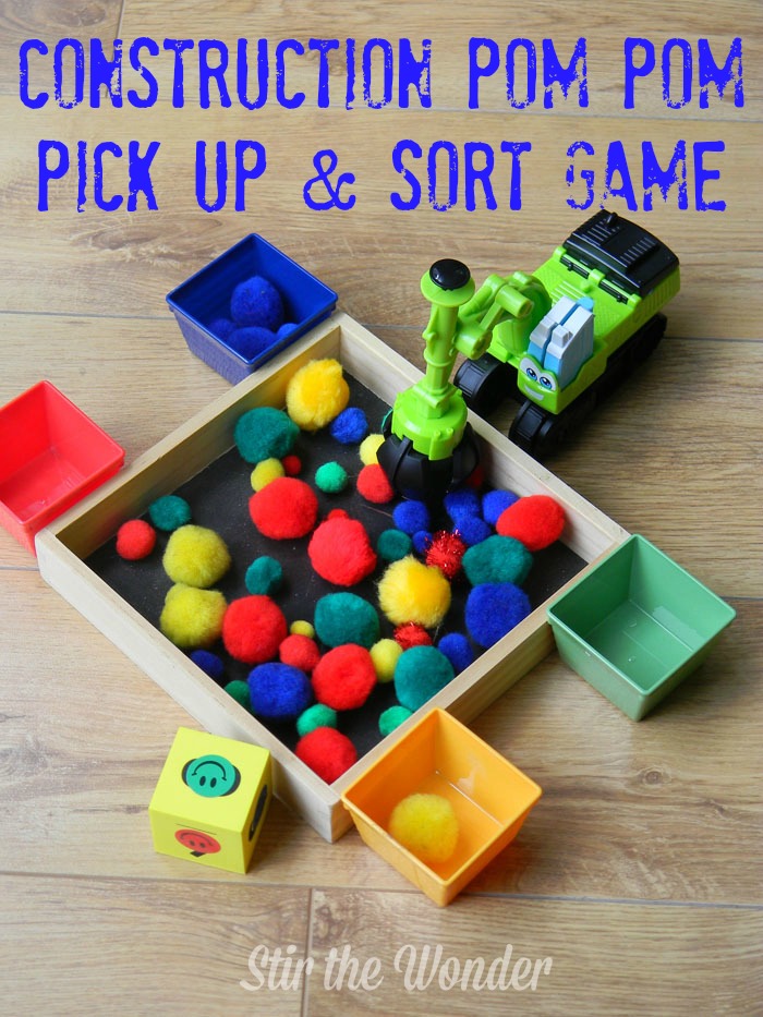 Construction Pom Pom Pick Up & Sort Game| Stir the Wonder #finemotorfridays #finemotor #preschool #kbn