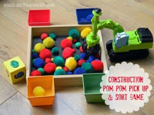 Construction Pom Pom Pick Up & Sort Game | Stir the Wonder #finemotorfridays #finemotor #kbn