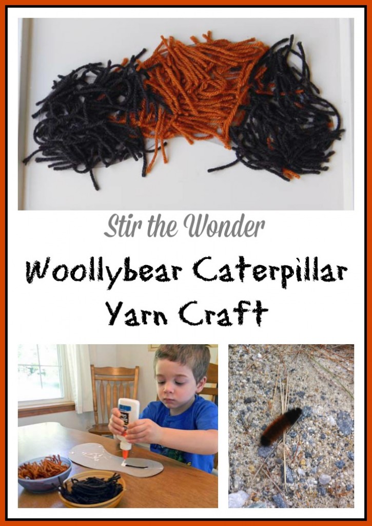Fall Crafts For Kids- Woollybear Craft made from glue and brown and black yarn on white paper.