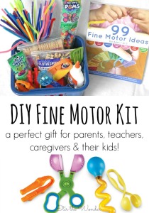 Making a DIY Fine Motor Kit is easy & afforadable! Plus it's a perfect gift for parents, teachers, caregivers & their kids! Occupational Therapists will love it too! Plus a great giveaway for 2 copies of 99 Fine Motor Ideas!