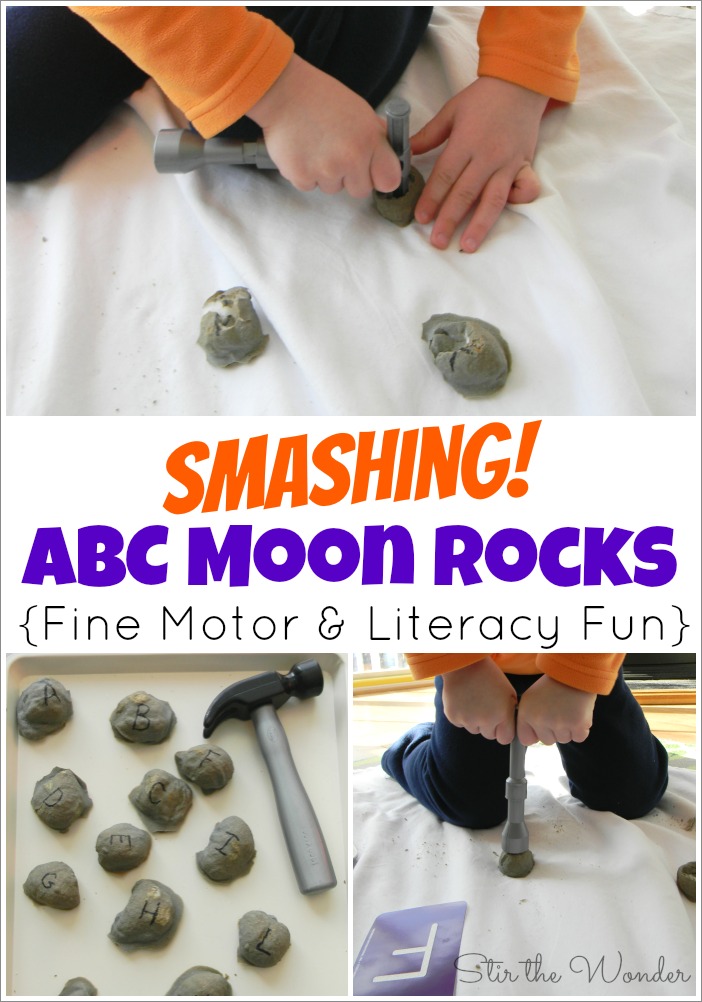 Smashing ABC Moon Rocks is a fun space themed twist on the classic baked cotton balls activity! This fine motor activity included ABC matching & is a hands-on way for toddlers & preschoolers to practice letter recognition!