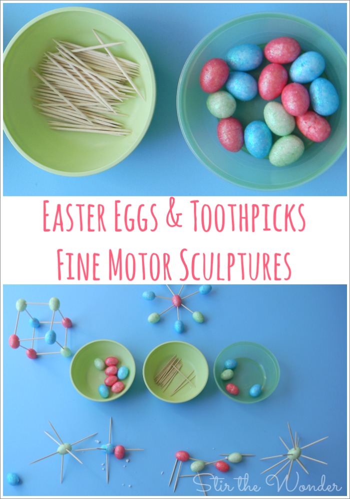 This week for Fine Motor Friday we got creative and made sculptures with tiny styrofoam Easter Eggs and toothpicks!