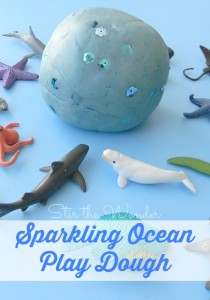 Sparkling Ocean Play Dough is a great sensory way to work on fine motor skills as well as identifying sea life!