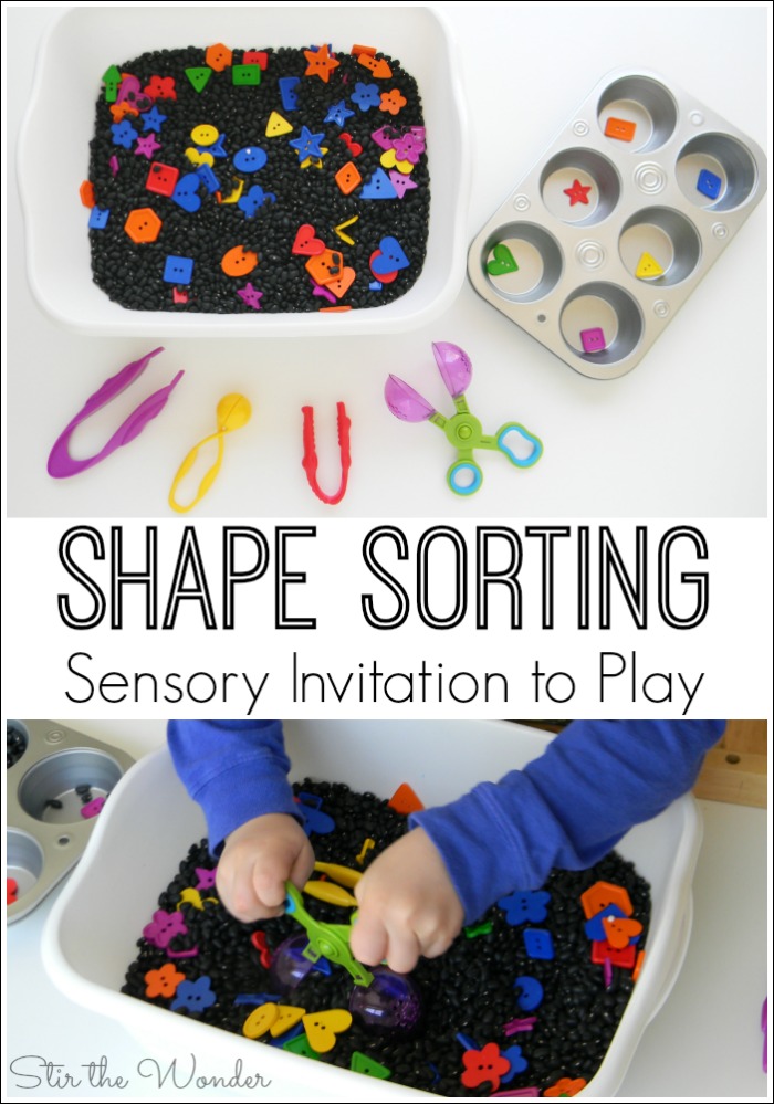Shape Sorting Sensory Invitation to Play incorporates early math skills, fine motor skills and tactile sensory input in one fun activity!