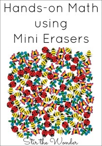 Hands-On Math using Mini Erasers can be a fun way for kids to learn math concepts such as counting, one-to-one correspondence and patterns.