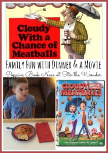 After reading Cloudy with a Chance of Meatballs we enjoyed a fun family dinner and a movie. We watched the new Cloudy with a Chance of Meatballs movie!