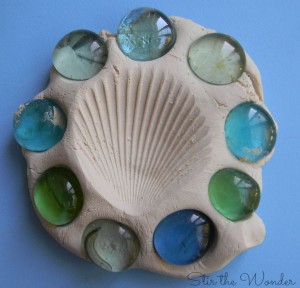 Clay, Shell print and glass gems