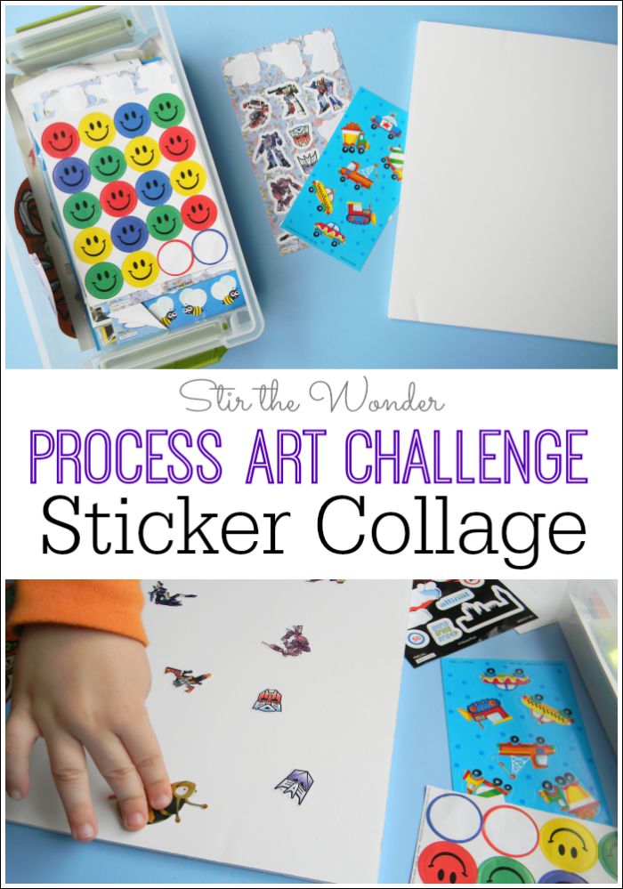 An easy way for kids to explore process art with collage is by using stickers! Preschoolers will enjoying expressing their interests by creating a collage with their favorite stickers!