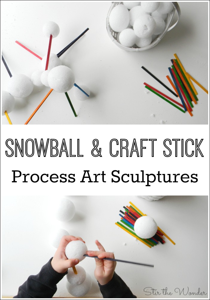 Setting out styrofoam snowballs and craft sticks is a simple invitation to play that kids will have fun creating sculptures while working on fine motor skills!
