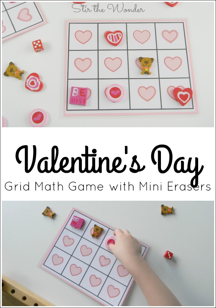 Print this fun Valentine's Day Grid Math Game for your preschooler & play with some cute mini erasers!