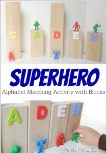 Superhero Alphabet Matching Activity with Blocks is a fun way to play while learning letter recognition.