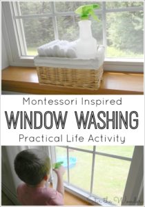 Teach kids a practical life skill while practicing fine motor skills with this simple Montessori Inspired Window Washing Activity.