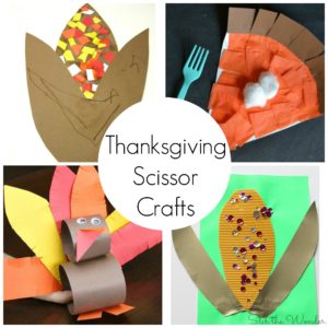 Seven Thanksgiving Scissor Crafts for Preschoolers to create while practicing fine motor skills.