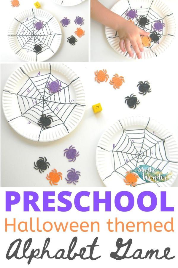 This preschool Halloween themed alphabet game with spooky spiders is a fun way to learn letter recognition.